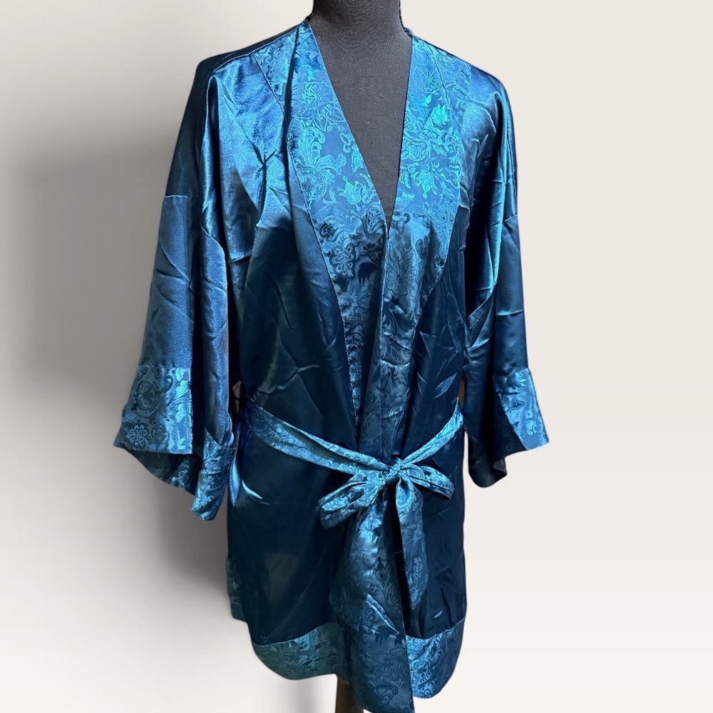 Victoria Sec.Vintage Teal Blue Satin Kimono Robe Floral Jacquard Trim Loungewear